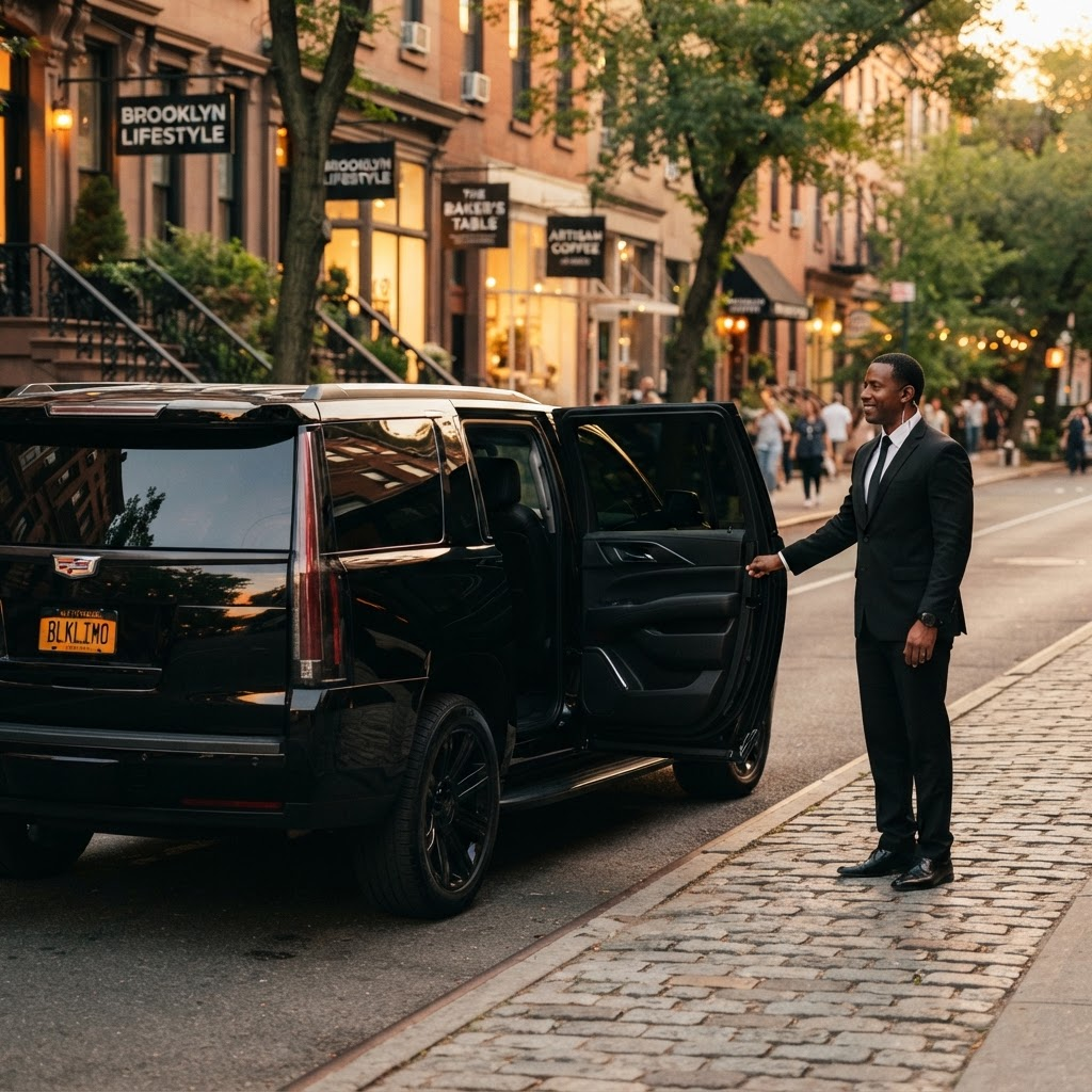 Chauffeur opening the door of a blacked-out Cadillac Escalade in Brooklyn, NY