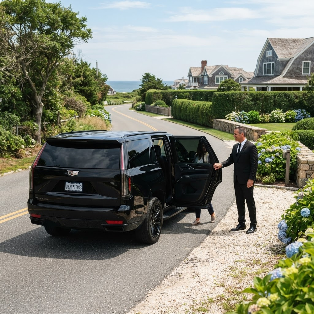 Chauffeur opening the door of a blacked-out Cadillac Escalade in East Hampton, NY