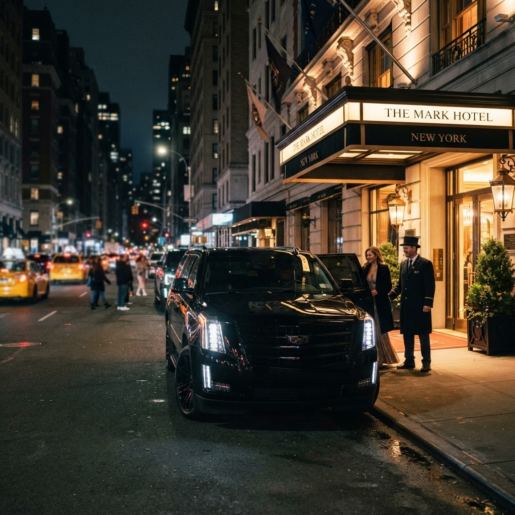 Black luxury SUV parked in front of an elegant Manhattan luxury hotel entrance at night