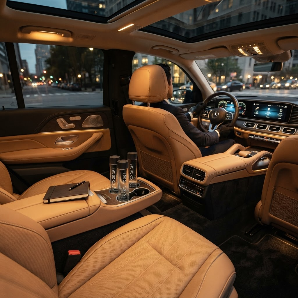 Premium leather interior of a black executive SUV with ambient gold lighting
