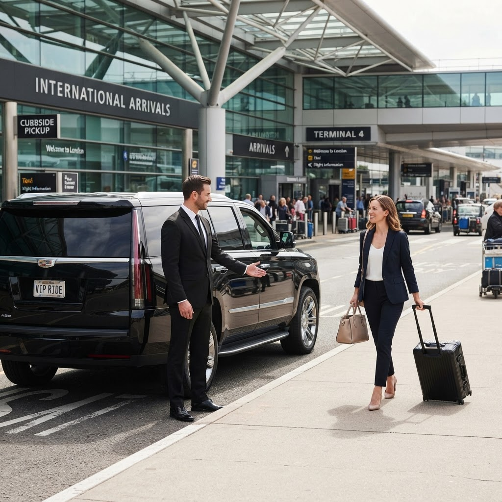Chauffeur opening the door of a black Cadillac Escalade for a traveler at the JFK terminal arrivals curb