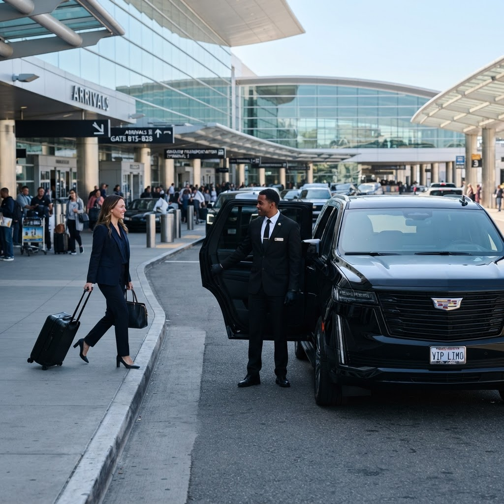 Chauffeur opening the door of a blacked-out Cadillac Escalade for a traveler at the LaGuardia terminal arrivals curb