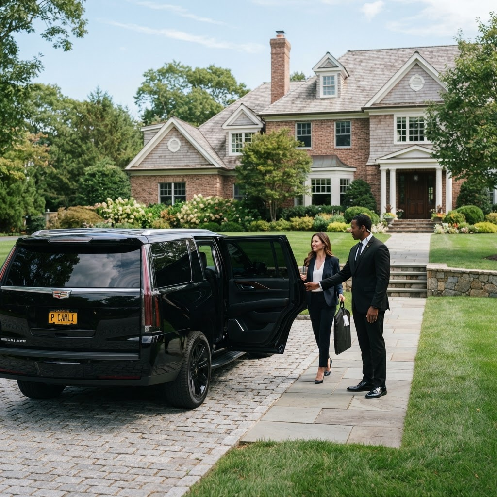 Chauffeur opening the door of a blacked-out Cadillac Escalade in Nassau County, NY