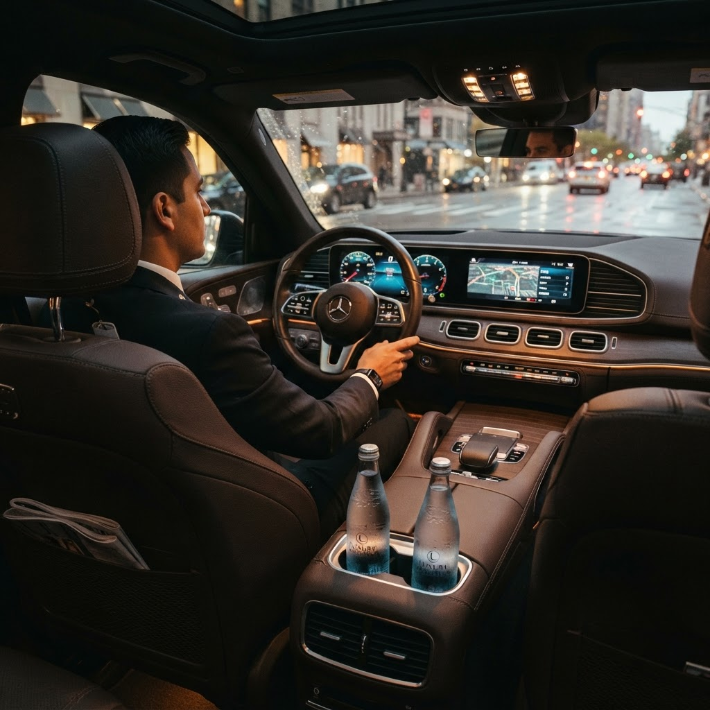 Chauffeur providing personable service inside a premium black SUV with chilled water