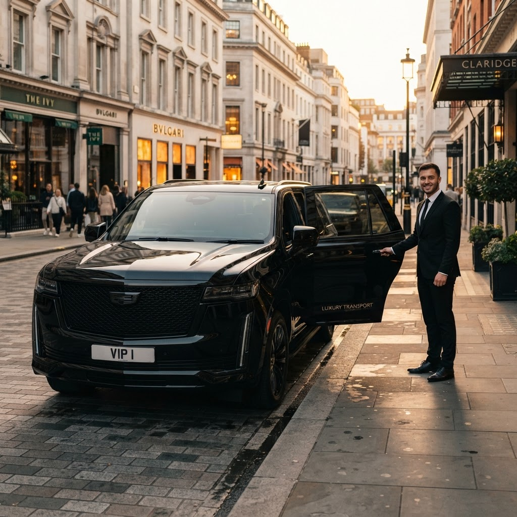 Professional chauffeur holding open the door of a blacked-out Cadillac Escalade on an upscale city street