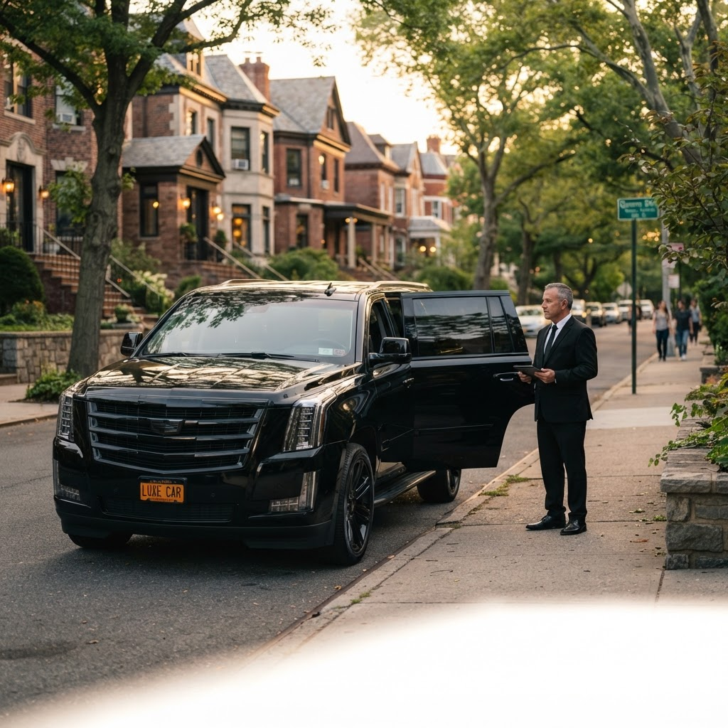 Chauffeur opening the door of a blacked-out Cadillac Escalade in Queens, NY